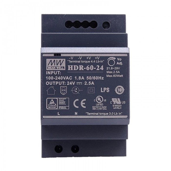 Mean Well HDR-60-24 60 W 24 VDC 2,5 A 115/230 VAC Ultraflaches, stufenförmiges DIN-Schienen-Netzteil