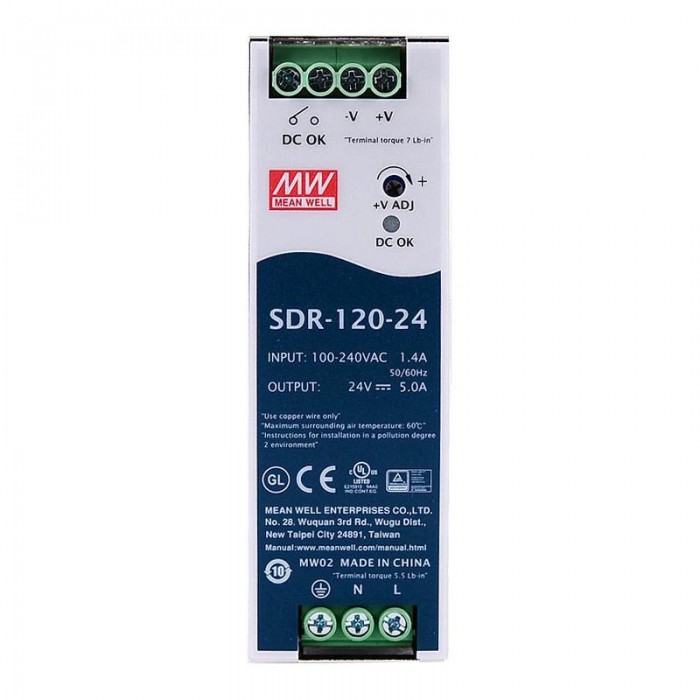 Mean Well SDR-120-24 120W 24V DC Netzteil Hutschiene 5A 115/230 VAC mit PFC-Funktion DIN-Schienen-Netzteil