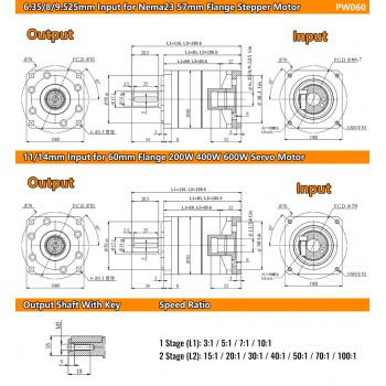 PW060 Serie Schrägverzahntes Planetengetriebe für NEMA 23 Schrittmotor / 60mm Servomotor