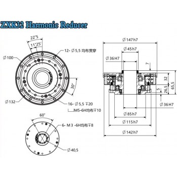 ZXK-Serie Harmonic-Drive-Getriebe,Hohlwellen-Übersetzungsverhältnis 30:1 bis 160:1, 30 Bogensekunden