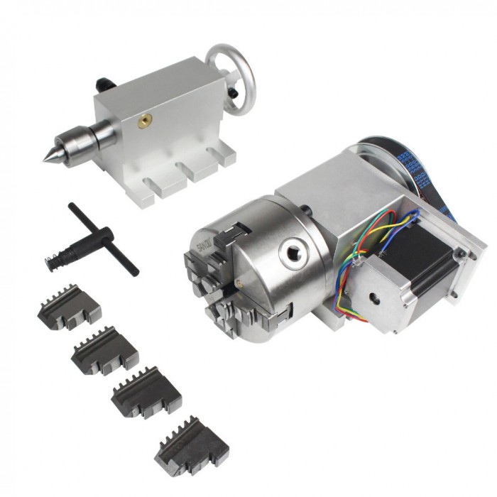 CNC Drehachse als 4. Achse mit 100mm Vierbackenfutter Übersetzung 6:1 Reitstock und Schrittmotor Set CNC Drehachse als 4. Achse mit 100mm Vierbackenfutter Übersetzung 6:1 Reitstock und Schrittmotor Set