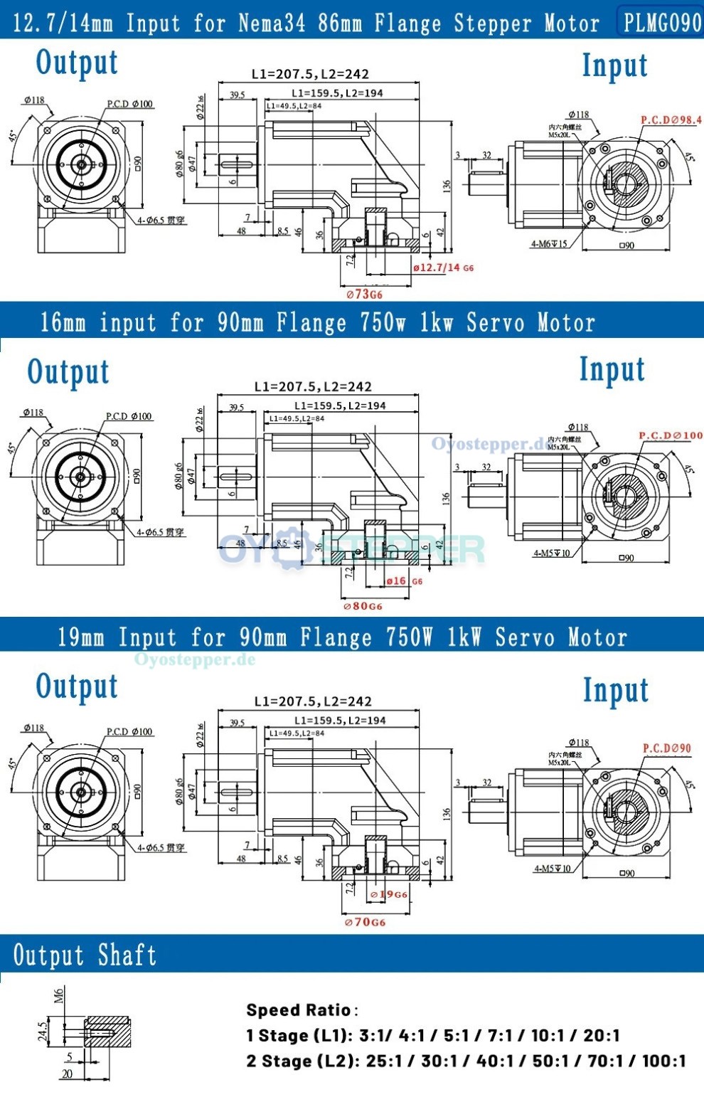 PLMG090 Winkel-Planetengetriebe,90&deg;Winkel,Untersetzungsgetriebe f&uuml;r NEMA 34 Schrittmotoren / 90 mm Servomotoren