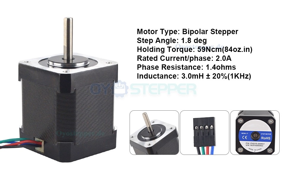 Nema 17 Hybrid-Schrittmotor Bipolar 1.8° 59Ncm 2A 4 Drähte mit 1m Kabel & Stecker für 3D Drucker/CNC