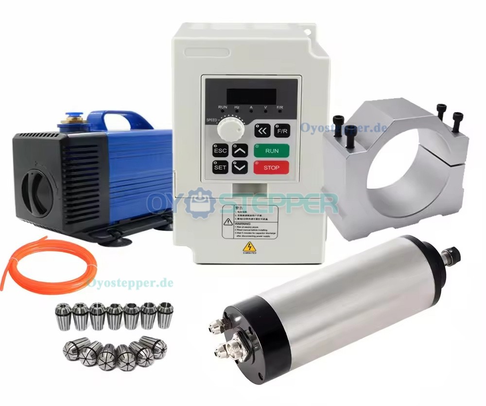 CNC HF-Spindel-Set 1,5kW 110V/220V mit Frequenzumrichter Ø80mm Spindelhalter und 80W Kühlwasserpumpe CNC HF-Spindel-Set 1,5kW 110V/220V mit Frequenzumrichter Ø80mm Spindelhalter und 80W Kühlwasserpumpe