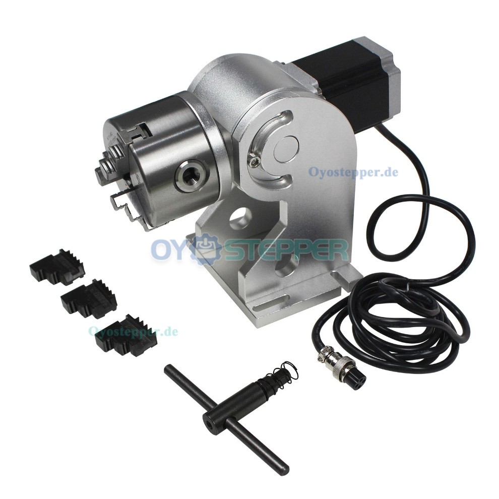 D80 CNC Drehachse mit 80mm Dreibackenfutter und Schrittmotor f&uuml;r Faserlaserbeschriftung Laserschwei&szlig;en und CO2 Lasergravur