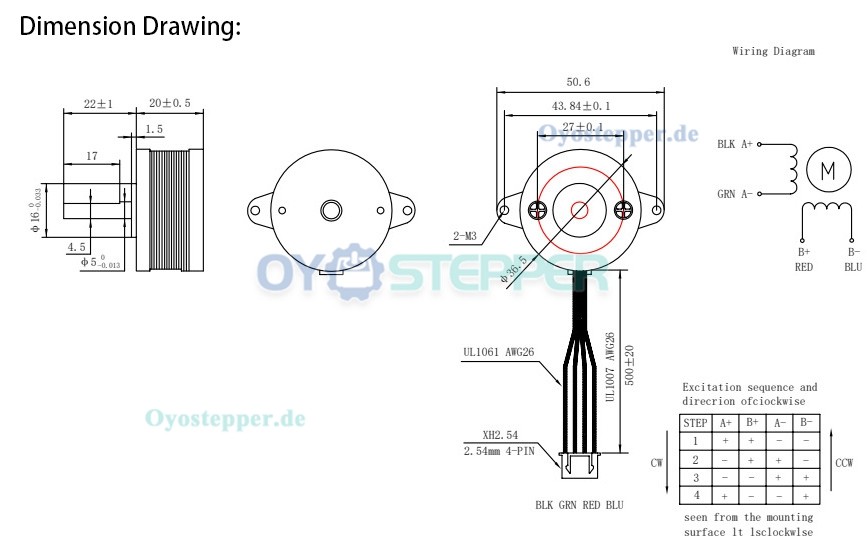 OUKEDA NEMA 14 Schrittmotor bipolar, 1,8°, 12 Ncm, 1A, 10V, 36 × 36 × 20 mm, 4-adrig