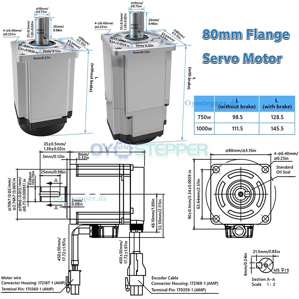 AC Servomotor Set mit Servoregler 400W/750W/1kW 1,27/2,39/3,18Nm 3000U/min 21 Bit Encoder Impuls Ethernet oder CANopen