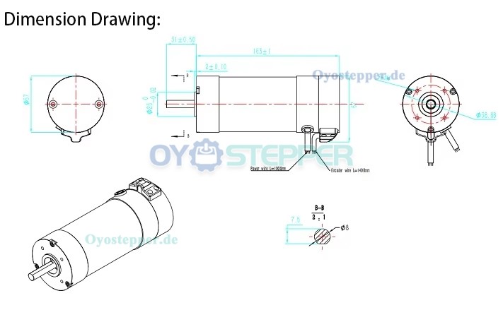 Bürstenloser DC-Servomotor, 36V, 180W, 0,6 Nm, 3400 U/min, Ø57 mm für Tintenstrahldrucker