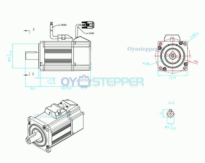 DC-Servomotor, 200W, 36V, 7,6A, 0,63 Nm, 3000 U/min, 3-Phasen, mit 2500 Linien Encoder, 60 × 60 mm