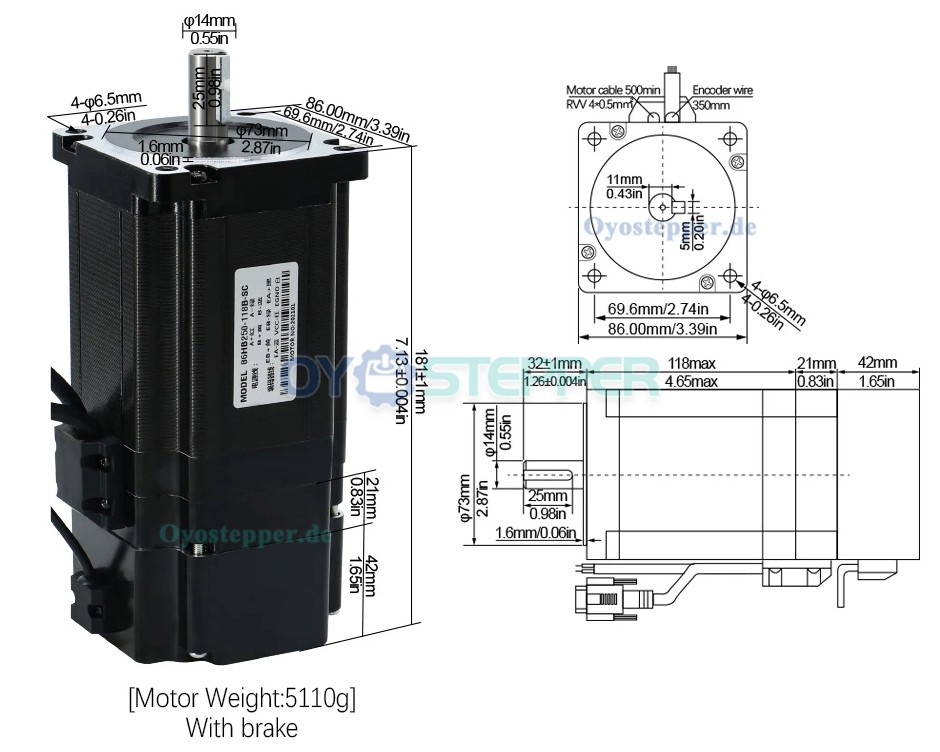 HLTNC Nema 34 Closed Loop Schrittmotor 1,8° 8 Nm & HBS86-Treiber mit Bremse