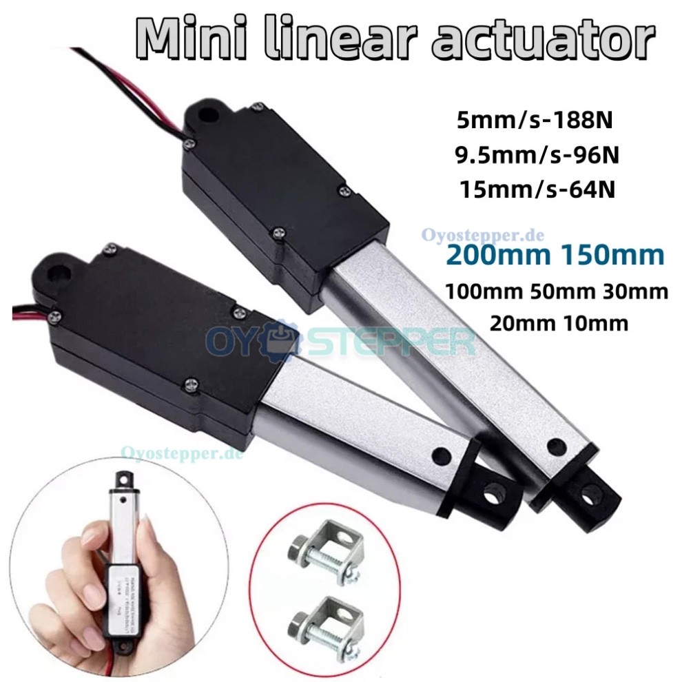 12V Mini Linearantrieb 64&ndash;188N mit 10/20/30/50/100/150/200mm Hub