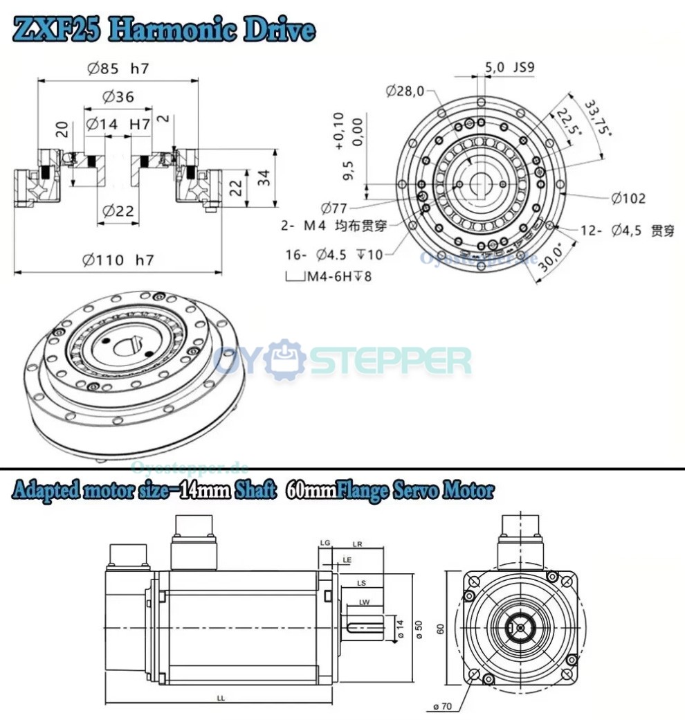 ZXF-Serie Harmonic-Drive-Getriebe,&Uuml;bersetzungsverh&auml;ltnis 31:1 bis 160:1, f&uuml;r Schrittmotor / Servomotoren, CNC-Roboterarme