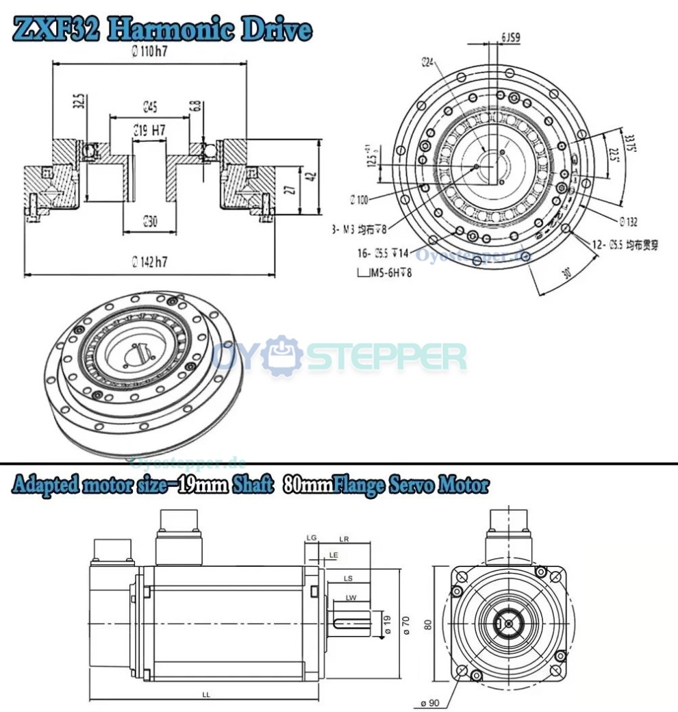 ZXF-Serie Harmonic-Drive-Getriebe,&Uuml;bersetzungsverh&auml;ltnis 31:1 bis 160:1, f&uuml;r Schrittmotor / Servomotoren, CNC-Roboterarme