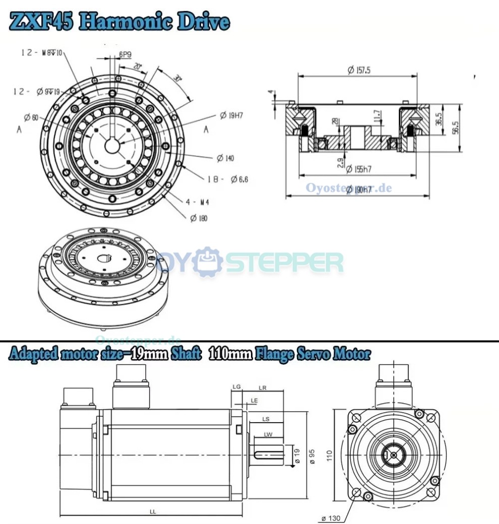 ZXF-Serie Harmonic-Drive-Getriebe,&Uuml;bersetzungsverh&auml;ltnis 31:1 bis 160:1, f&uuml;r Schrittmotor / Servomotoren, CNC-Roboterarme