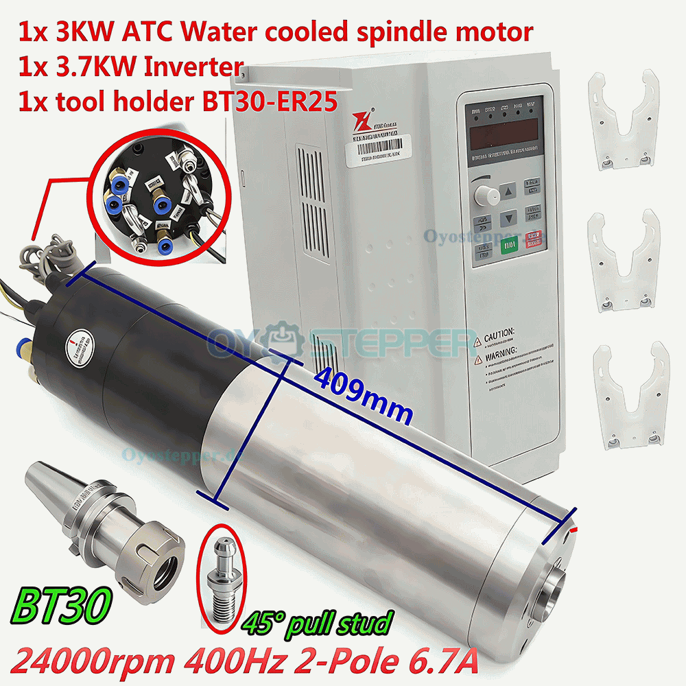 Wassergek&uuml;hltes CNC Motorspindel Set mit automatischem Werkzeugwechsel 3kW BT30 &Oslash;100mm 220V 24000U/min 400Hz mit Frequenzumrichter