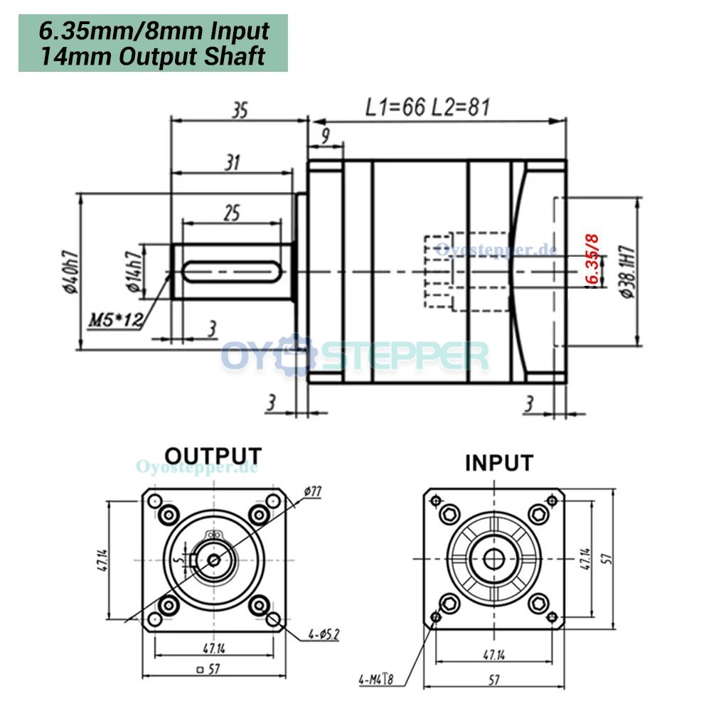 DLF-Serie Planetengetriebe f&uuml;r NEMA 23-Schrittmotoren, 1/4'-Eingang (6,35mm/8mm)