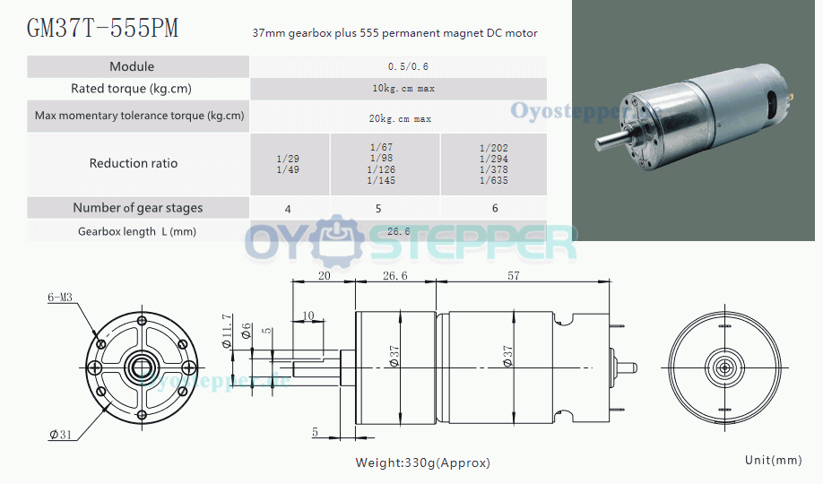 2 Stück DC-Getriebemotor, 12V / 24V, 10 kg·cm, mit Reduktion, 37 × 57 mm