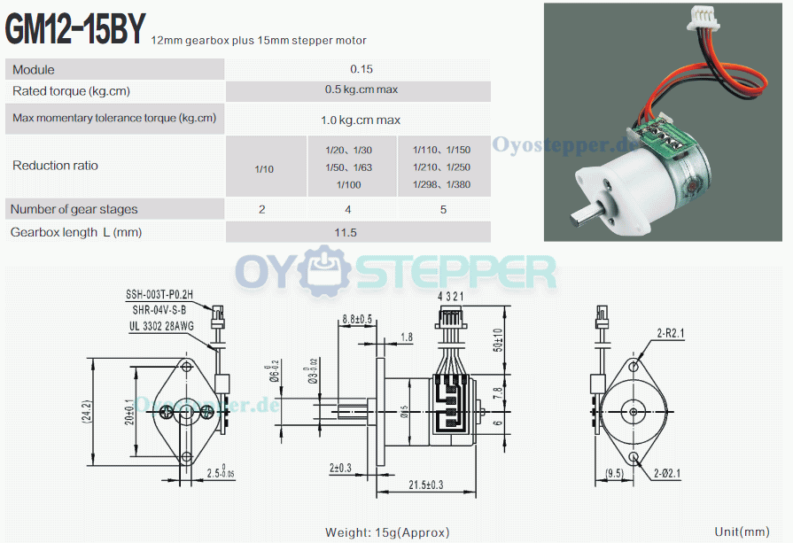 2 Stück 5V Mikro-Schrittmotor mit Getriebe, 18°, 2 Phasen, 500 mA, 700 g·cm, kompakter DC-Getriebemotor