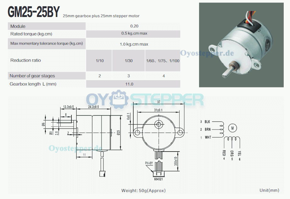 2 Stück 12V Schrittmotor mit Stirnradgetriebe, 4 Phasen, 7,5°, 120 mA, 0,5 kg·cm Drehmoment, 3 mm D-Welle