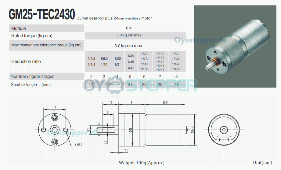 2 Stück BLDC-Getriebemotor 12V / 24V, mit Stirnradgetriebe, 0,2–5 kg·cm, Bürstenlose DC-Motor