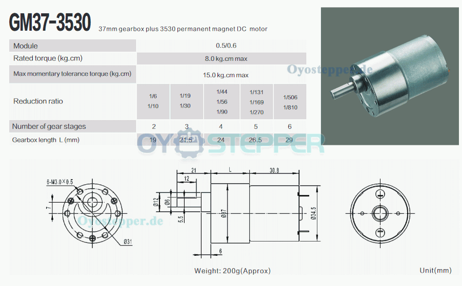 2 Stück DC-Getriebemotor, 12V / 24V, 8 kg·cm, Reduktionsgetriebe, 34,5 × 30,8 mm