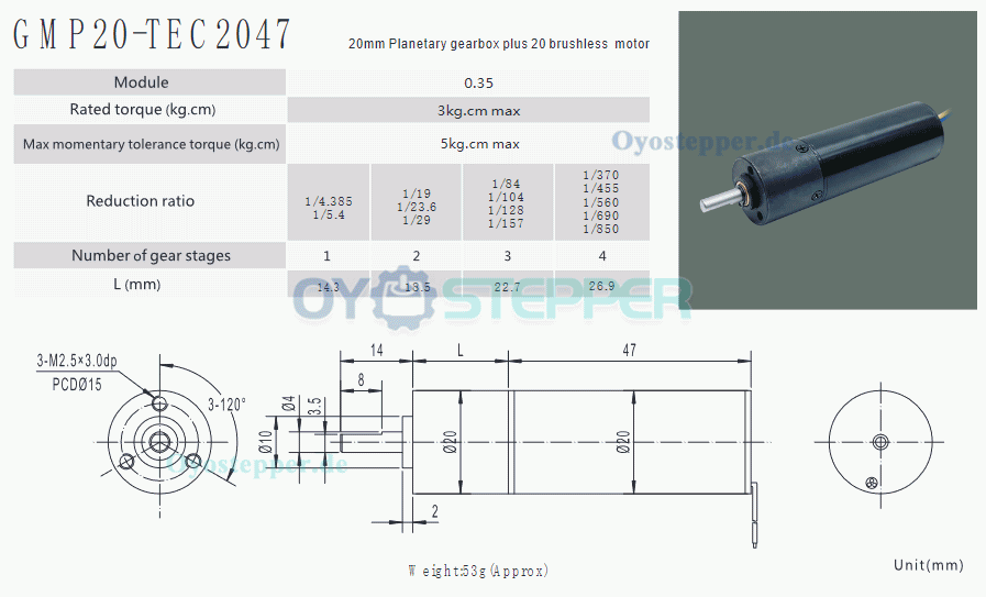 2 Stück BLDC-Getriebemotor GMP20-TEC2047, Ø20 mm, 12V / 24V, 3,0 kg·cm, mit Planetengetriebe