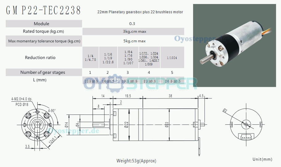 2 Stück BLDC-Getriebemotor MP22-TEC2238, Ø22 mm, 12V / 24V, 3,0 kg·cm, 3W, CW/CCW, mit Planetengetriebe