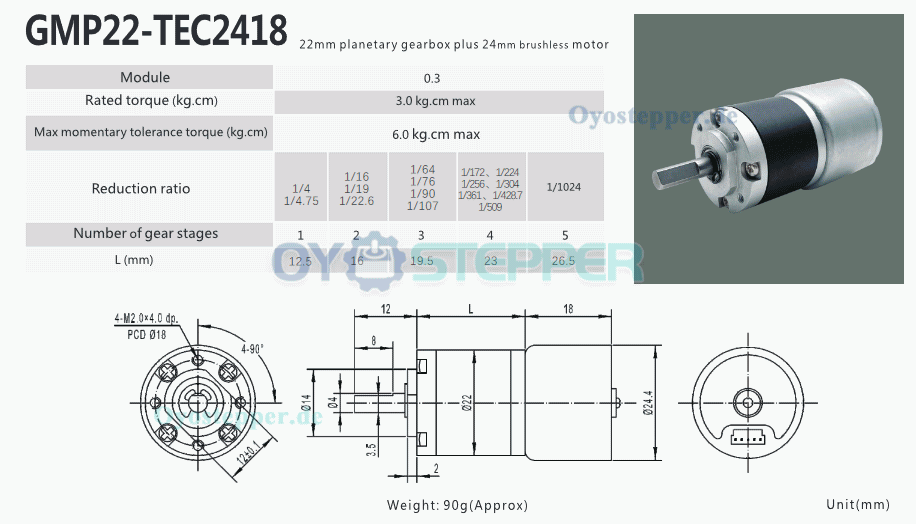 2 Stück BLDC-Getriebemotor GMP22-TEC2418, Ø22 mm, 12V / 24V, 3,0 kg·cm, 1,54W, mit Planetengetriebe