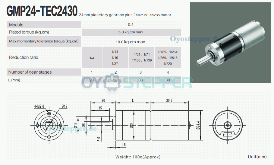 2 Stück BLDC-Getriebemotor GMP24-TEC2430, Ø24 mm, 12V / 24V, 5,0 kg·cm, 2,3W, mit Planetengetriebe