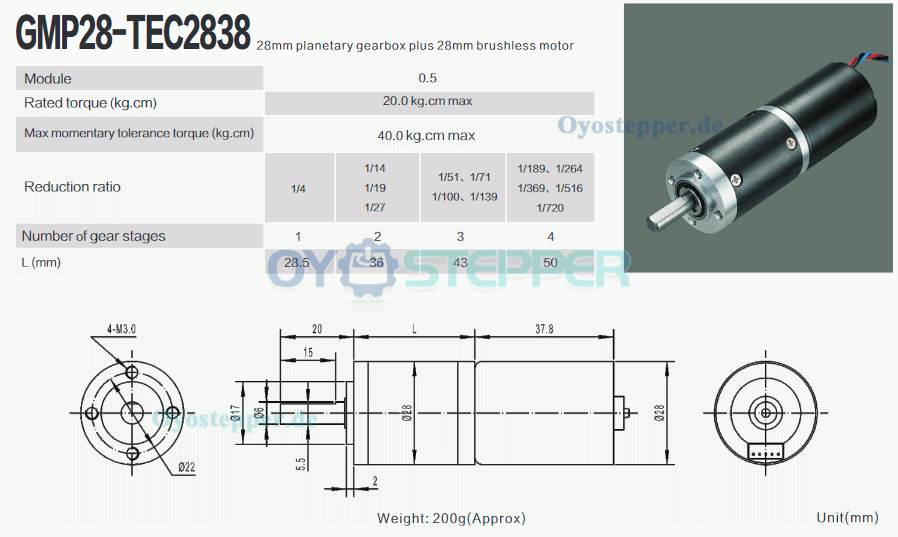 2 Stück BLDC-Getriebemotor GMP28-TEC2838, Ø28 mm, 12V / 24V, 20 kg·cm, 6,6–11,5W, mit Planetengetriebe