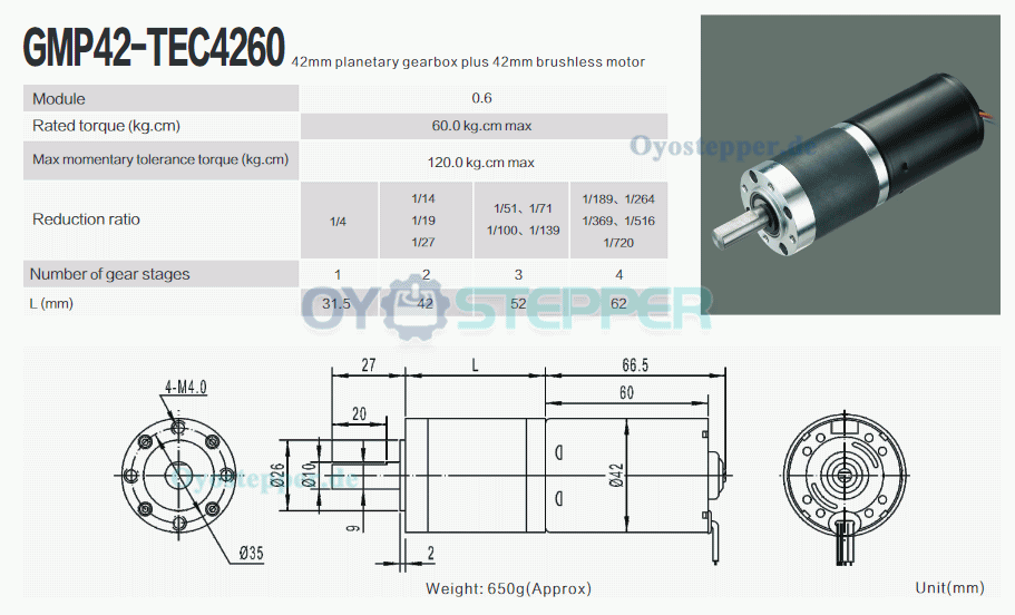 2 Stück BLDC-Getriebemotor GMP42-TEC4260, Ø42 mm, 12V / 24V, 60 kg·cm, 21W, mit Planetengetriebe
