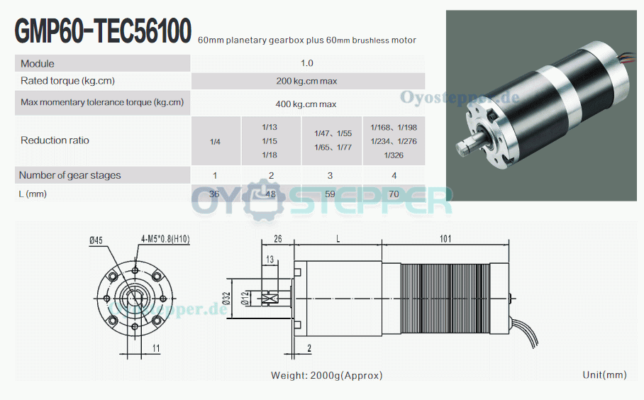 2 Stück BLDC-Getriebemotor GMP60-TEC56100, Ø60 mm, 12V / 24V, 200 kg·cm, 18–132W, mit Planetengetriebe