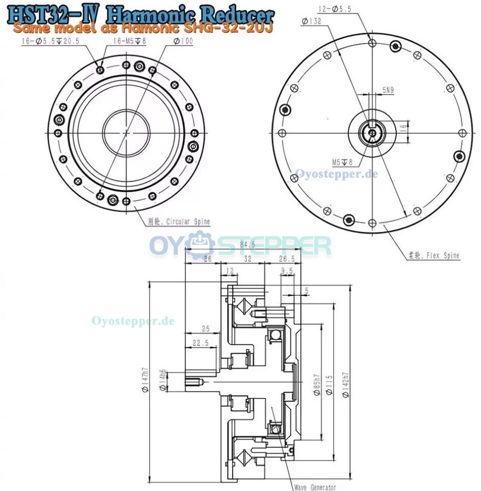 HST-Serie Harmonic-Drive-Getriebe,&Uuml;bersetzungsverh&auml;ltnis 50:1 bis 160:1, 20 Bogensekunden, f&uuml;r Industrieroboterarme