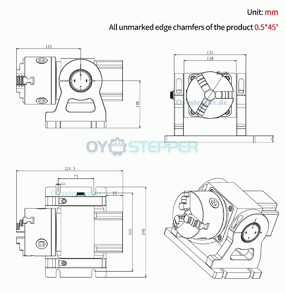 CNC Drehachse als 4. Achse mit 10:1 Untersetzung 100mm Dreibackenfutter und NEMA34 Schrittmotor