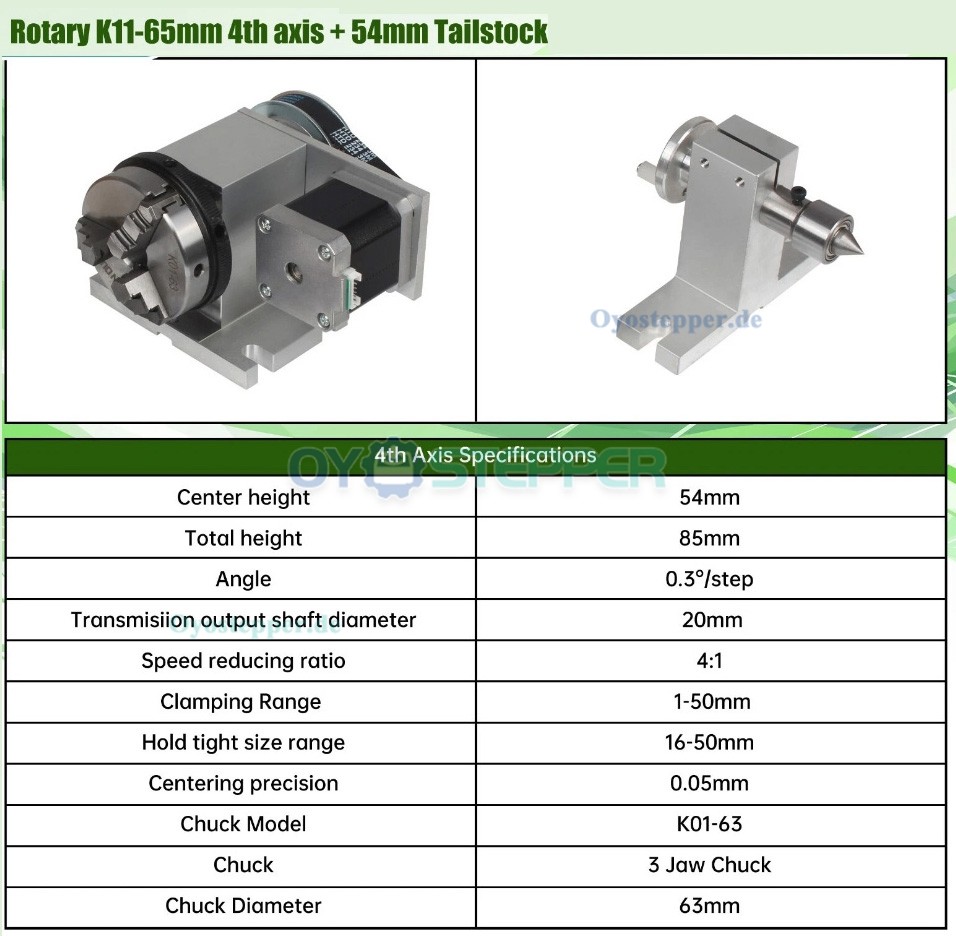 K11-65 CNC Drehachse als 4. Achse mit 65mm Dreibackenfutter Schrittmotor und Reitstock für CNC Fräsmaschinen K11-65 CNC Drehachse als 4. Achse mit 65mm Dreibackenfutter Schrittmotor und Reitstock für CNC Fräsmaschinen