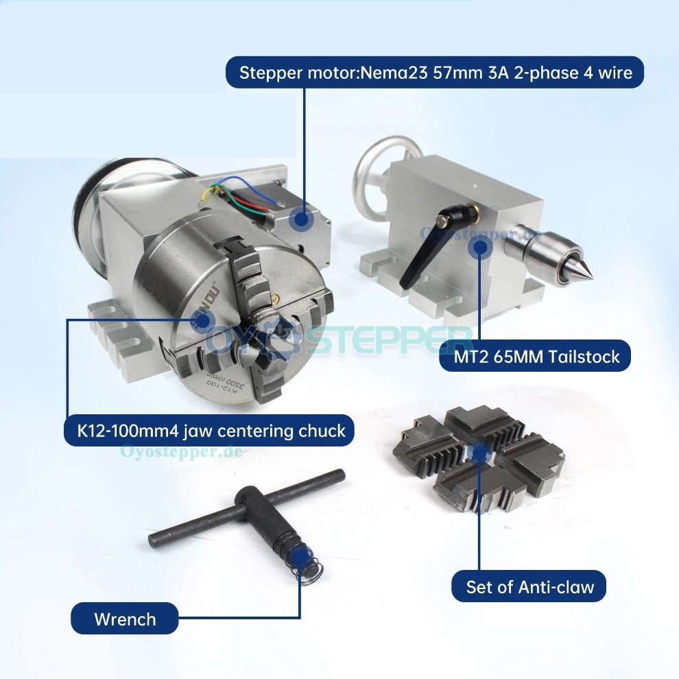 CNC Drehachse als 4. Achse mit 100mm Vierbackenfutter Übersetzung 6:1 Reitstock und Schrittmotor Set CNC Drehachse als 4. Achse mit 100mm Vierbackenfutter Übersetzung 6:1 Reitstock und Schrittmotor Set