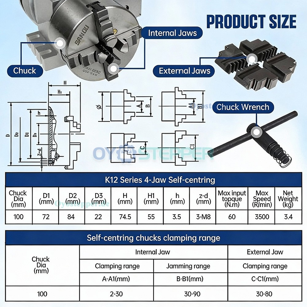 CNC Drehachse als 4. Achse mit 100mm Vierbackenfutter Übersetzung 6:1 Reitstock und Schrittmotor Set CNC Drehachse als 4. Achse mit 100mm Vierbackenfutter Übersetzung 6:1 Reitstock und Schrittmotor Set