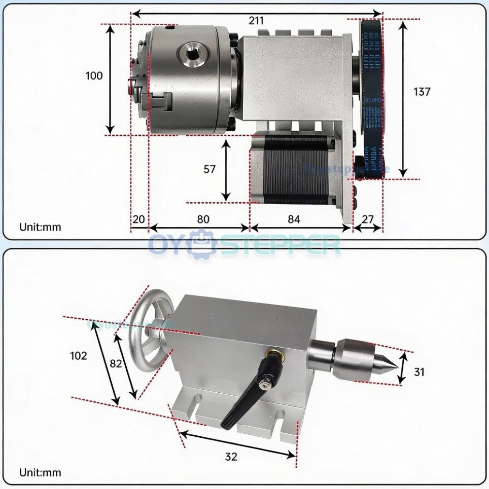 CNC Drehachse als 4. Achse mit 100mm Vierbackenfutter Übersetzung 6:1 Reitstock und Schrittmotor Set CNC Drehachse als 4. Achse mit 100mm Vierbackenfutter Übersetzung 6:1 Reitstock und Schrittmotor Set
