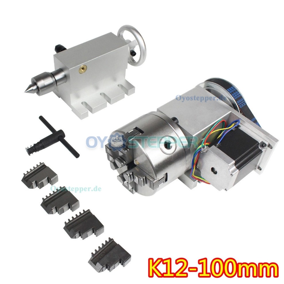 CNC Drehachse als 4. Achse mit 100mm Vierbackenfutter Übersetzung 6:1 Reitstock und Schrittmotor Set CNC Drehachse als 4. Achse mit 100mm Vierbackenfutter Übersetzung 6:1 Reitstock und Schrittmotor Set
