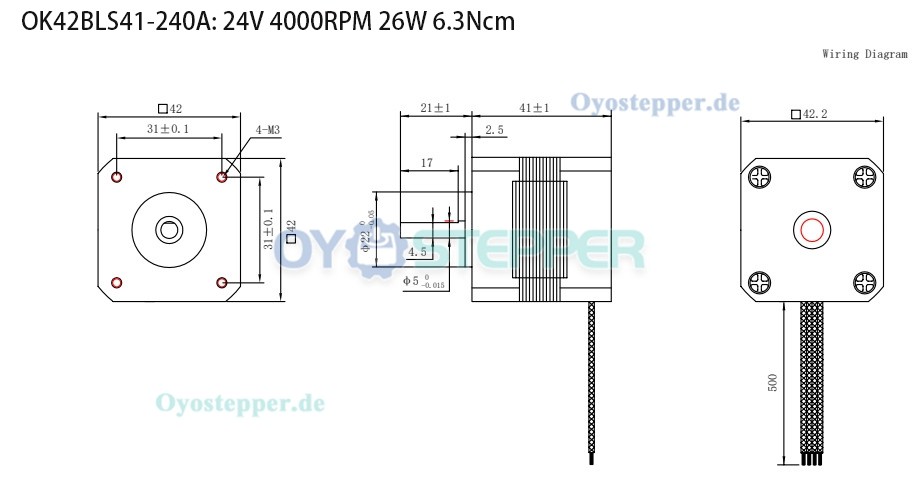OUKEDA BLDC-Motor Bürstenloser Gleichstrommotor, 24V, 6,25–18,5 Ncm, 1500 / 4000 U/min, 3-Phasen, Ø42 mm mit Keilnut