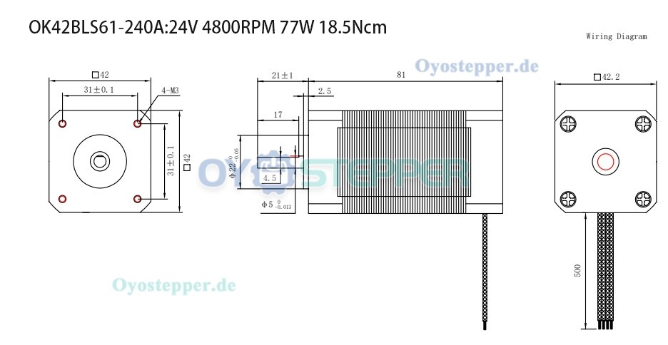 OUKEDA BLDC-Motor Bürstenloser Gleichstrommotor, 24V, 6,25–18,5 Ncm, 1500 / 4000 U/min, 3-Phasen, Ø42 mm mit Keilnut