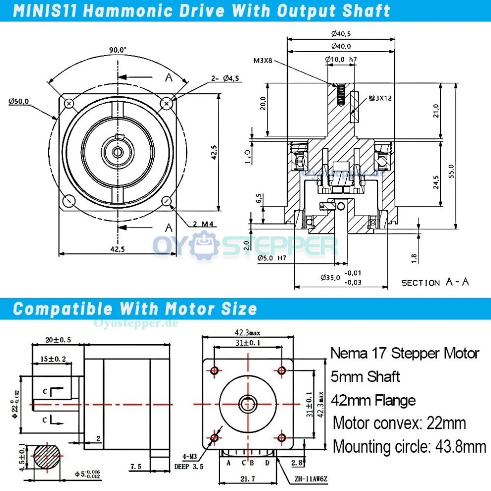 MINIS/MINIF-Serie, &Uuml;bersetzungsverh&auml;ltnis 30:1/50:1/100:1, Mikro-Harmonisches-Getriebe, Untersetzungsgetriebe