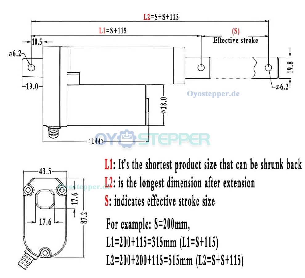 Mini-Linearmotor, 12 V/24 V, 50 bis1000 mm, Geschwindigkeit 90 mm/s