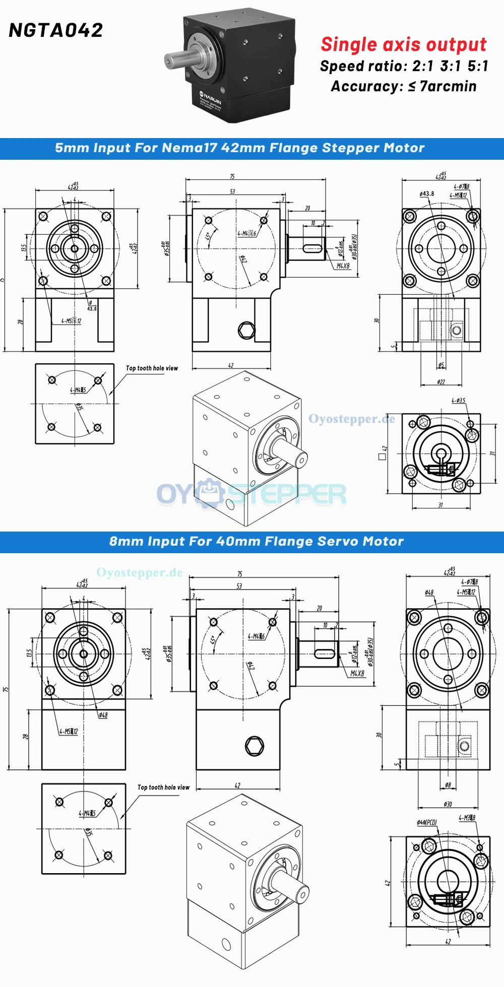 NEMA 17 Winkel-Kegelradgetriebe,2:1/3:1/5:1, 90&deg;Winkel,5mm/8mm Eingang