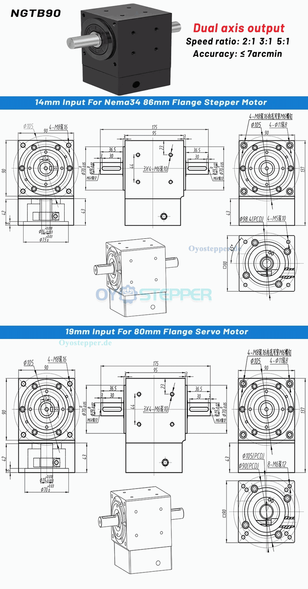 Winkel-Kegelradgetriebe, Untersetzungsgetriebe,Kommutator f&uuml;r NEMA 34 Schrittmotoren / 80 mm Servomotoren