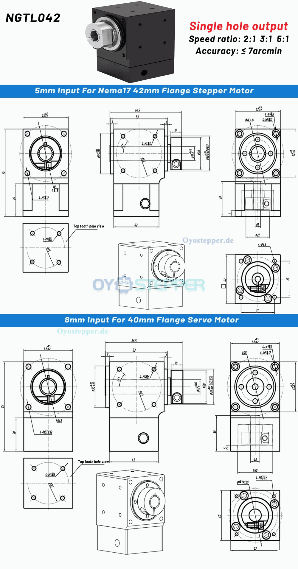 NEMA 17 Winkel-Kegelradgetriebe,2:1/3:1/5:1, 90&deg;Winkel,5mm/8mm Eingang
