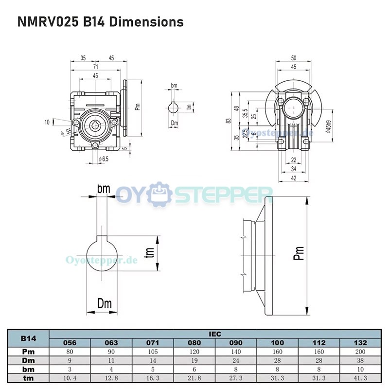 NMRV025 Schneckengetriebe 56B14, Übersetzung 10:1 / 20:1 / 30:1 / 40:1 / 50:1 / 60:1