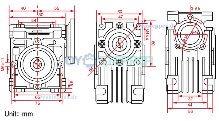 NMRV030 Schneckengetriebe, Übersetzung 10:1 / 15:1 / 20:1 / 25:1 / 30:1 / 40:1 für NEMA 23 Schrittmotor / Servomotor