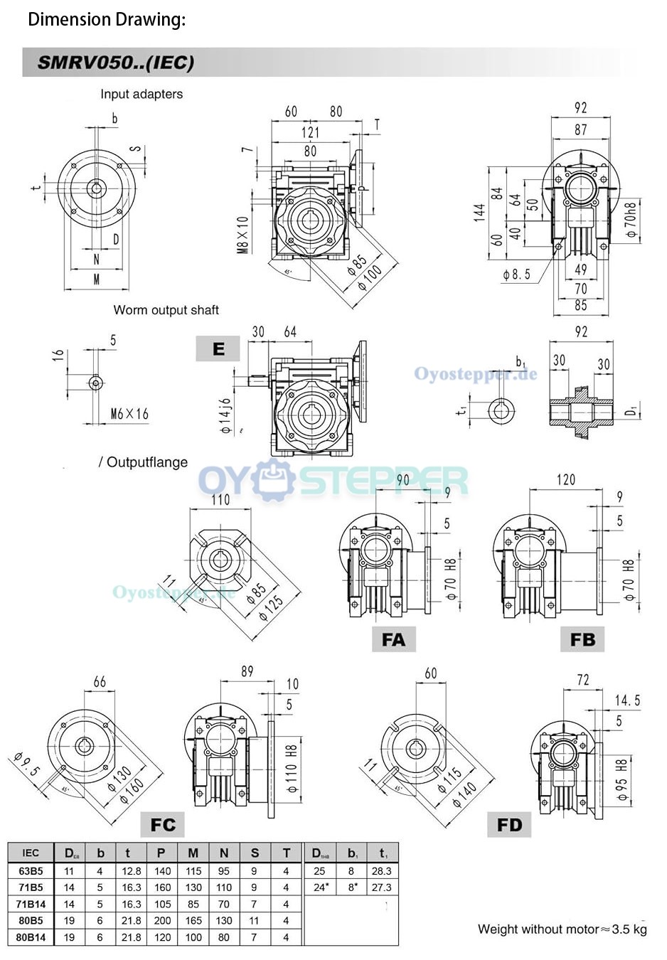 RV050 Rund-Schneckengetriebe, Übersetzung 5:1 bis 30:1 Eingang: 19mm, Flansch 80B14 / 80B5