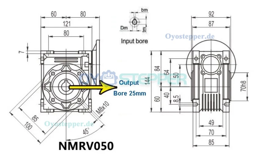 NMRV050 Rund-Schneckengetriebe, Übersetzung 5:1 bis 100:1 Eingang: 11mm / 14mm / 19mm, Ausgang: 25mm